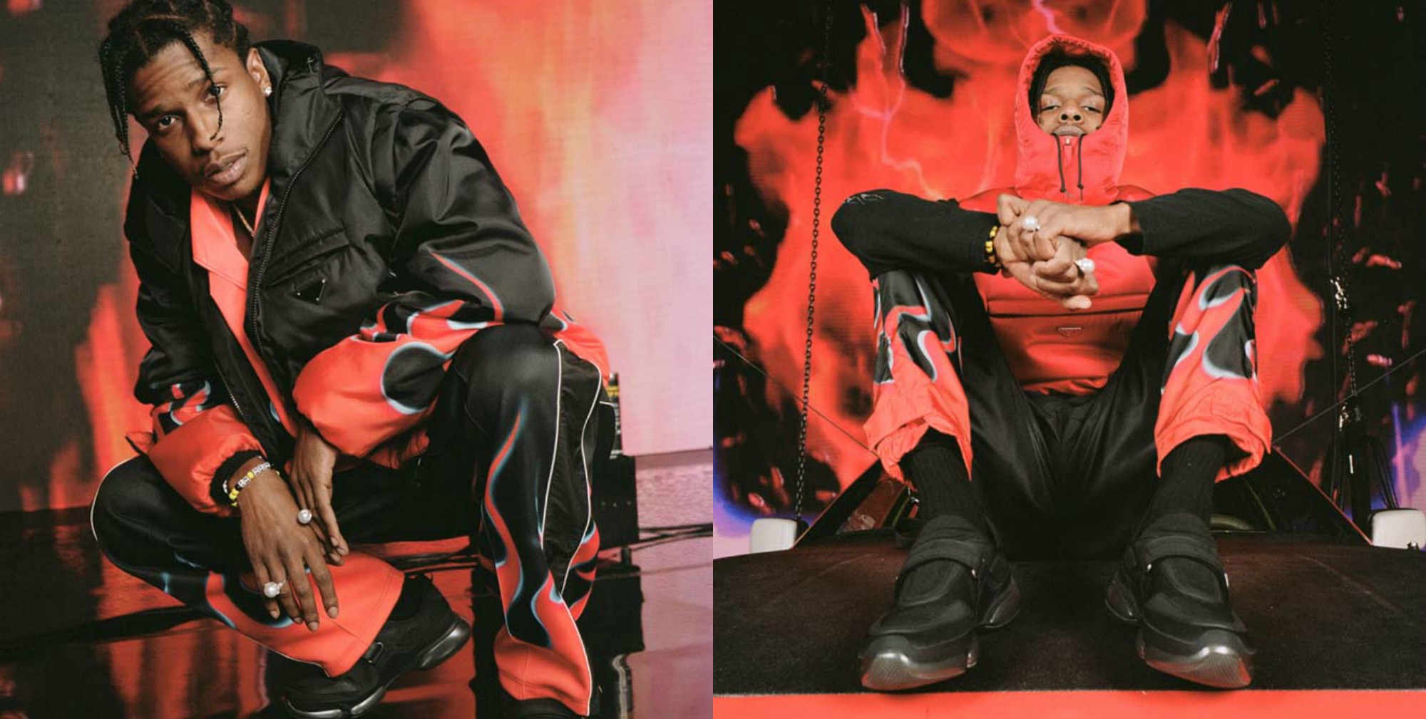Посмотрите, как A$AP Rocky носит костюм Prada с пламенем