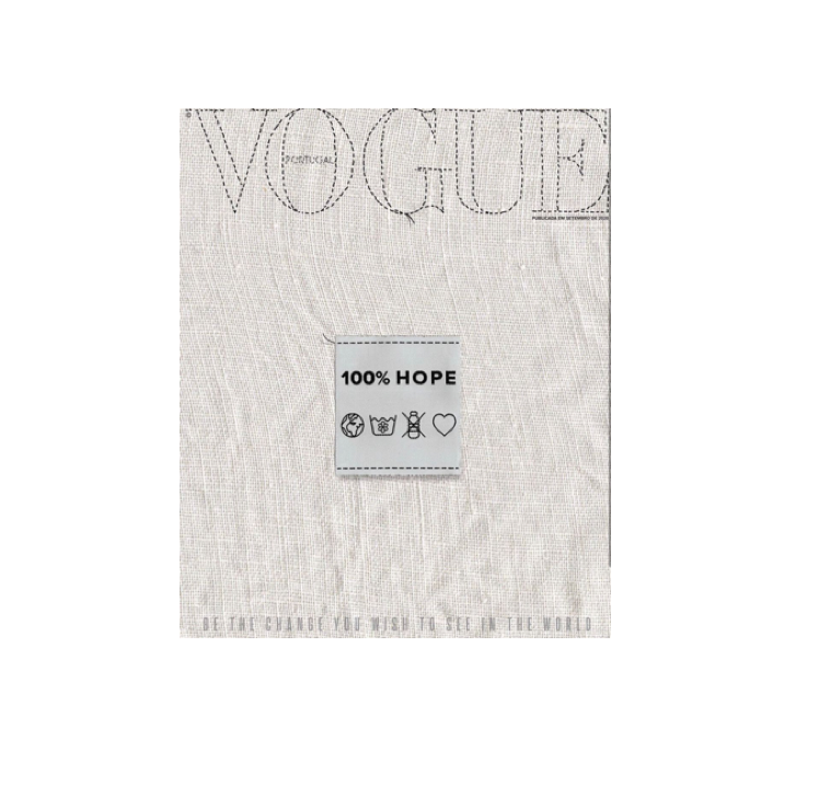 На обложке сентябрьского Vogue Portugal — ярлык из стопроцентно переработанного полиэстера 