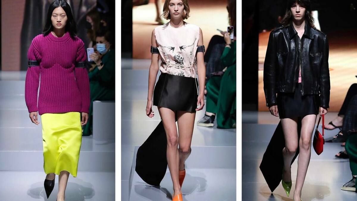 Мини-юбки со шлейфом, косухи и платья с вырезами на спине — на шоу Prada в Милане и Шанхае 