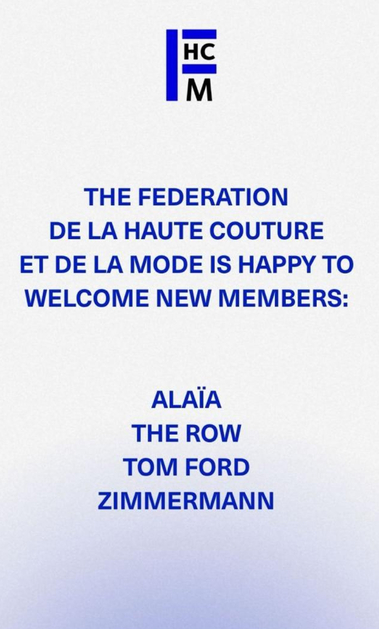 Федерация высокой моды одобрила членство четырех брендов Alaïa, The Row, Tom Ford и Zimmermann
