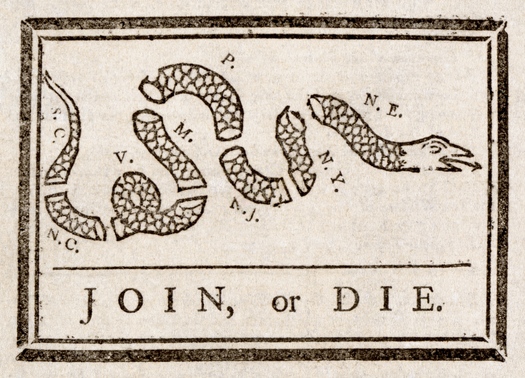 Карикатура Бенджамина Франклина «Объединимся или умрем», 1754