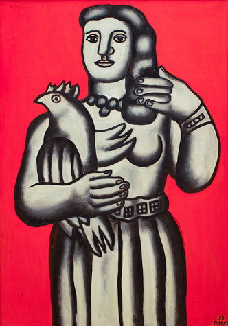 Фернан Леже, «Женщина с птицей на красном фоне», 1952