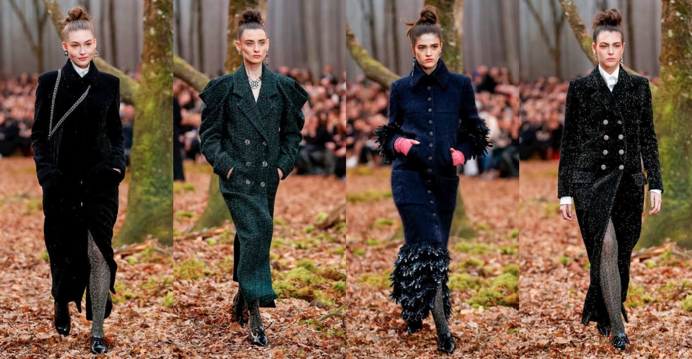 Темные пальто и осенний лес на показе Chanel