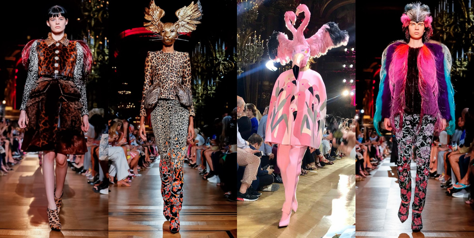 Анималистичные принты и шапка-фламинго на показе Schiaparelli