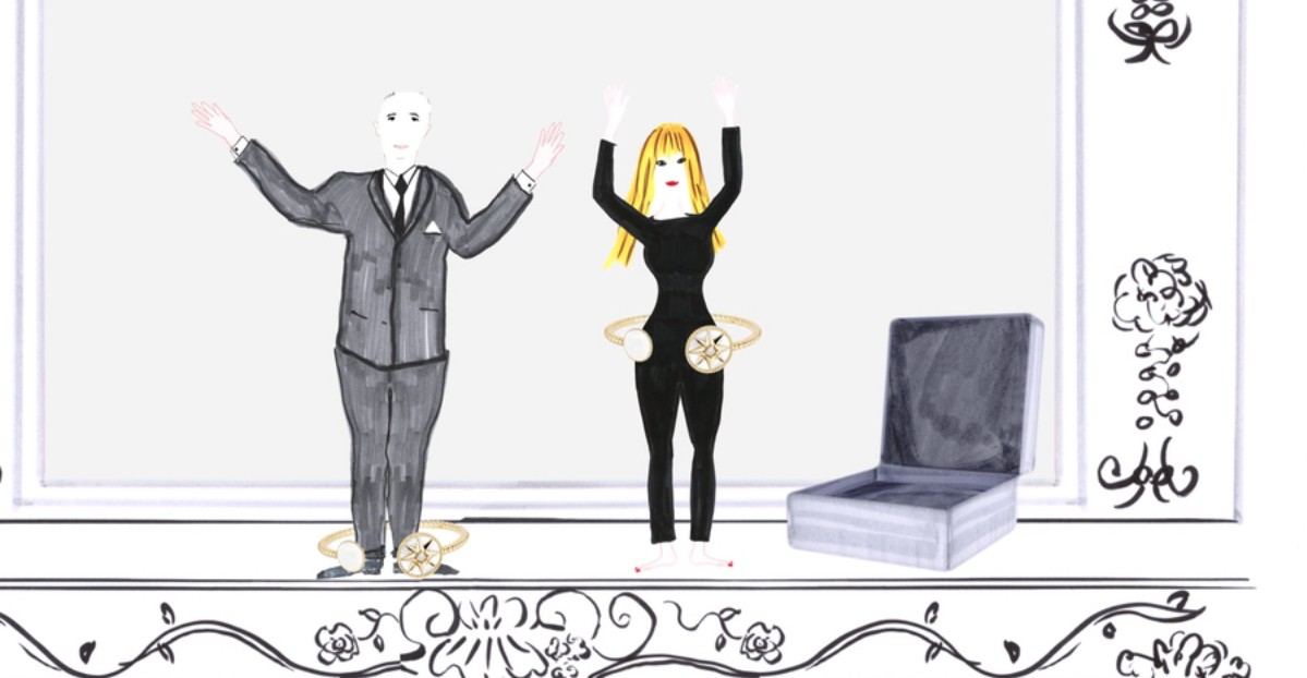 Кристиан Диор и Виктуар де Кастеллан крутят украшения-хулахупы в мультфильме Dior
