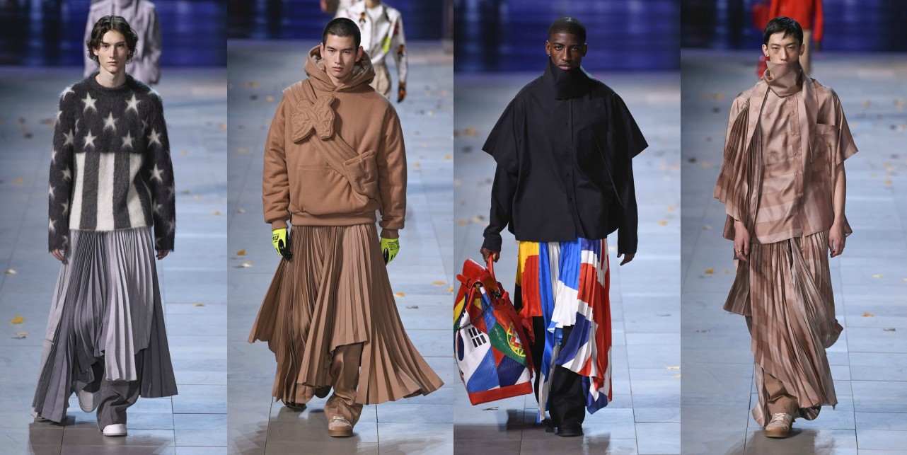 Плиссированные мужские юбки на показе Louis Vuitton