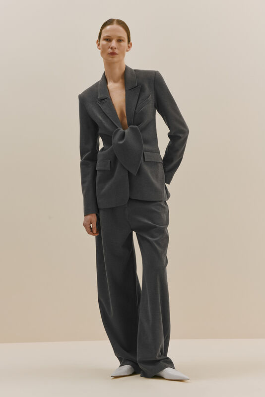 Серый костюм с глубоким вырезом и оригинальным бантом на талии, широкие брюки и стильные туфли