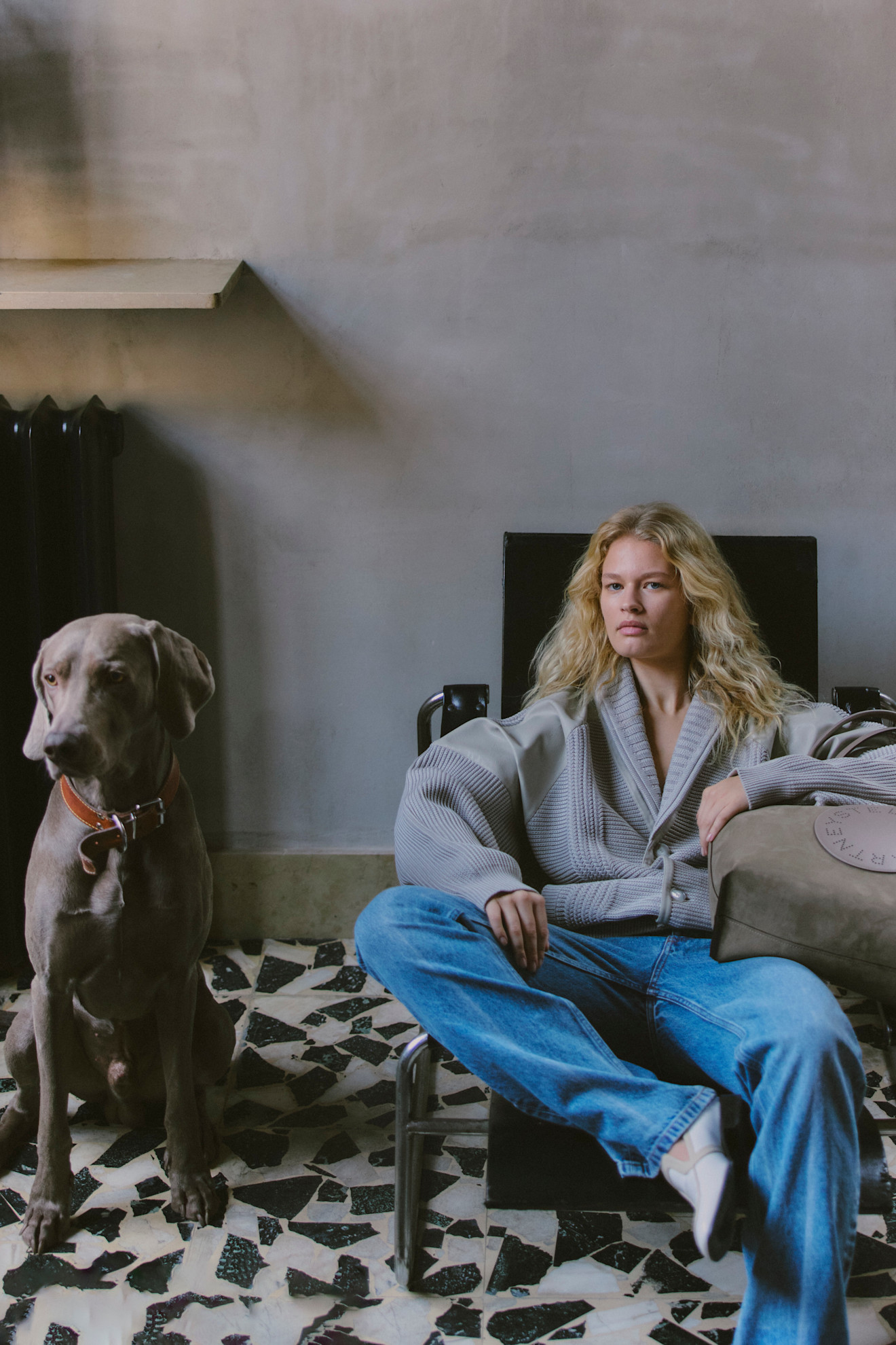 Модель в сером кардигане с широкими рукавами, сидит на стуле рядом с элегантной собакой на фоне стильного интерьера